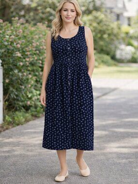 Vtg LL Bean Corduroy Sz 12P Overall Jumper Dress Pockets Floral 90's Cottagecore